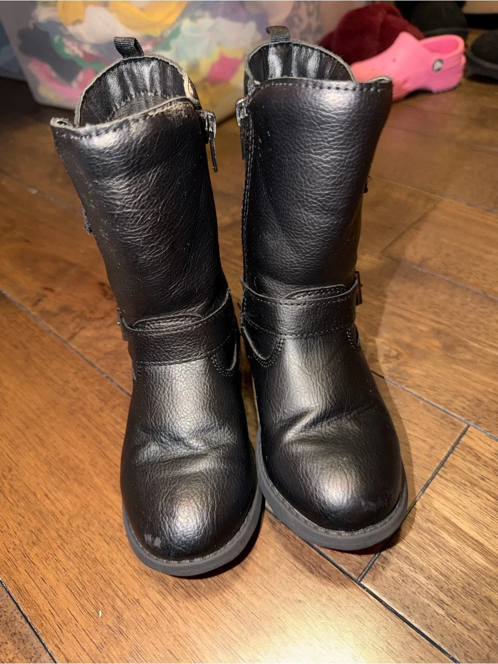 Black Buckle Mid-Calf Leather Boots